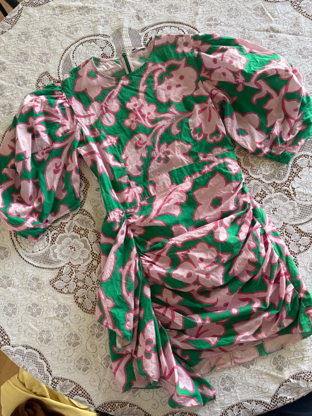 RHODE Pia Floral Ruched Mini Dress in the "Take It Easy" green and pink pattern - Picture 2 of 6